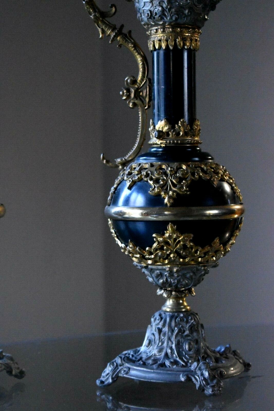 2 Antique Victorian 19th C MANTEL EWERS Urns Black Gold Gray 16