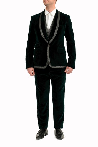 Pre-owned Dolce & Gabbana Men's Emerald Green Velour One Button Three Piece Suit