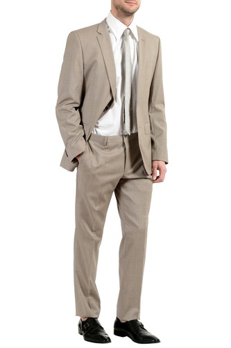 Pre-owned Hugo Boss "huge6/genius5" Men's 100% Wool Slim Beige Two Button Suit