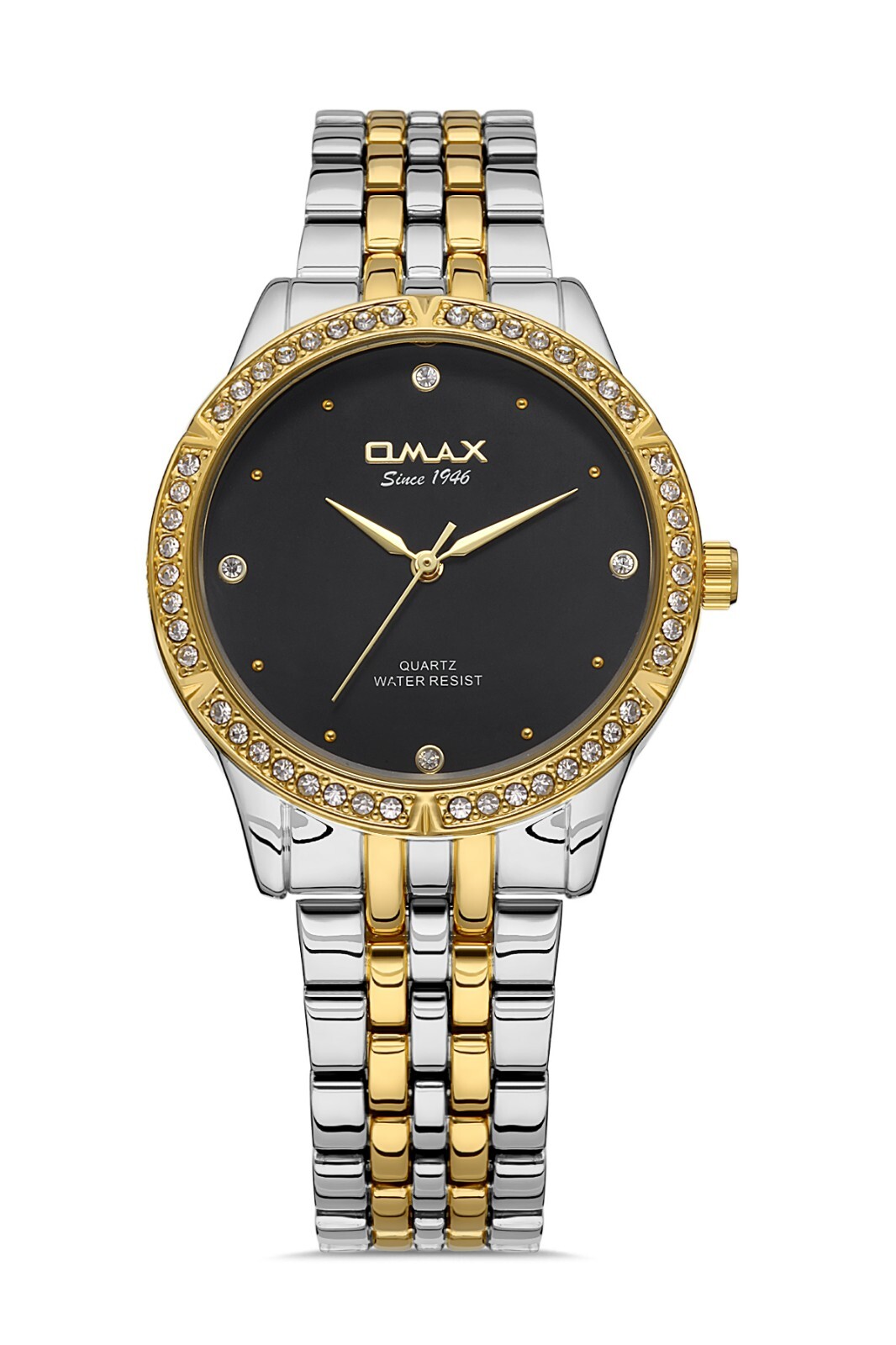 OMAX WATCH SEIKO MVMT GOLD PLTD BLK DIAL 2 TONE BAND S. STEEL