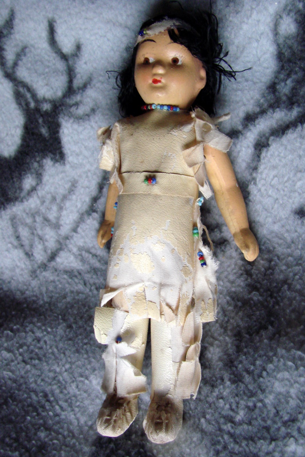 ANTIQUE CELULOID INDIAN DOLL-ALL ORIGINAL-OLD LEATHER-OLD BEADS-GOOD COND.