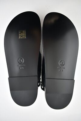 Pre-owned Chanel Black Leather Quilted Chain Cc Logo Mule Slide Strap Flat Dad Sandal 37.5