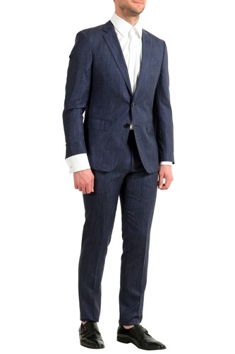 Pre-owned Hugo Boss Men's "huge6/genius5" Slim Fit Blue Wool Silk Linen Two Button Suit