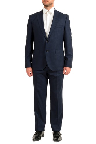 Pre-owned Hugo Boss Men's "johnstons5/lenon1" Regular Fit Plaid 100% Wool Two Button Suit In Blue/dark Blue