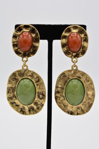 Vintage Cabochon Clip Earrings Antiqued Gold Burnt Orange Green Chunky BinA13