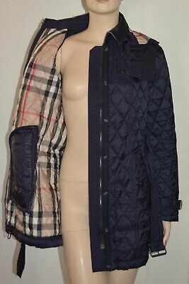 Pre-owned Burberry Finsbridge Belted Quilted Check Coat Jacket Size Medium In Blue