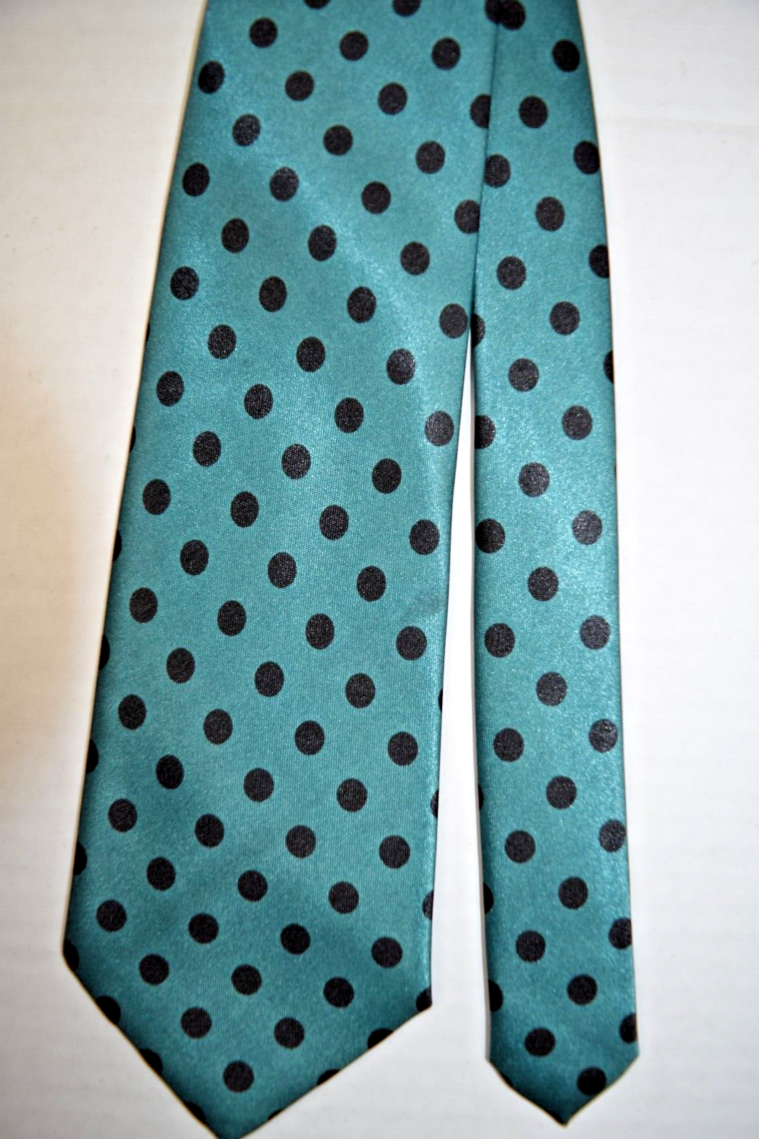 Neck Tie VTG 60s 70s Mercedes Hand Made Teal w Black Polka