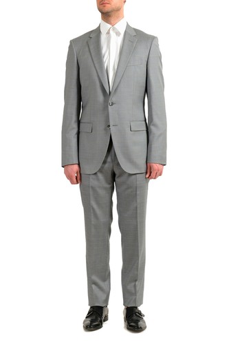 Pre-owned Hugo Boss Men's "t-harvers4/glover3" Slim Fit Silk Wool Plaid Two Button Suit In Gray