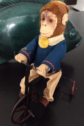 German Bing Monkey On Trike Toy, Tin Toys Germany, 1920s