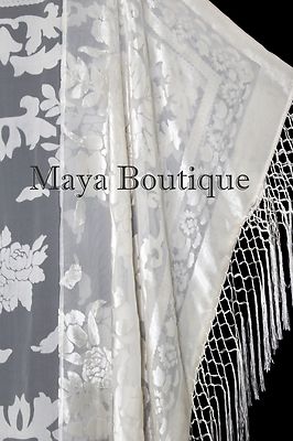 Pre-owned Maya Matazaro Ivory Kaftan Duster Fringe Jacket Kimono Opera Coat Burnout Velvet  In White