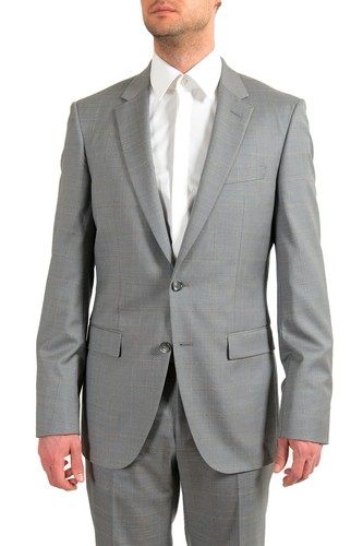 Pre-owned Hugo Boss Men's "t-harvers4/glover3" Slim Fit Silk Wool Plaid Two Button Suit In Gray