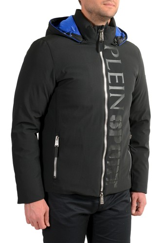 Plein Sport Men's Black Logo Print Zip Up Hooded Parka Jacket