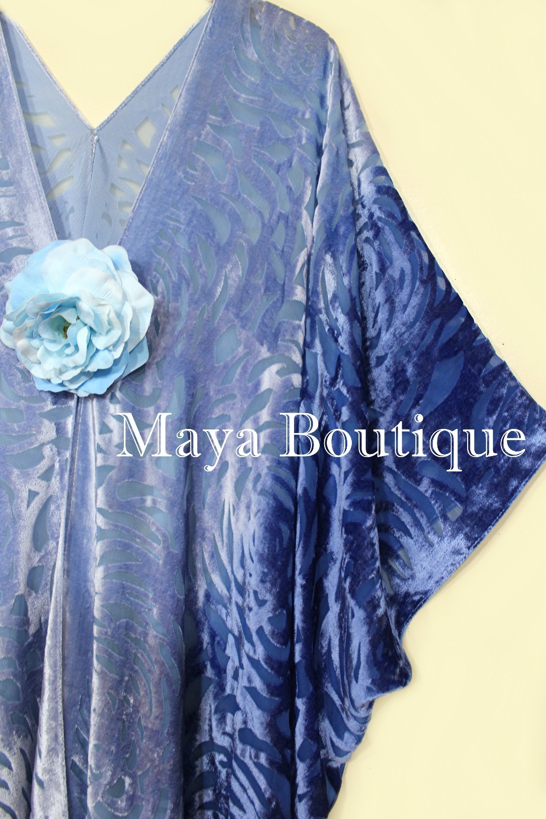 Pre-owned Maya Matazaro Niagara Blue Ombre Camellia Burnout Velvet Caftan Kimono Hand Dyed