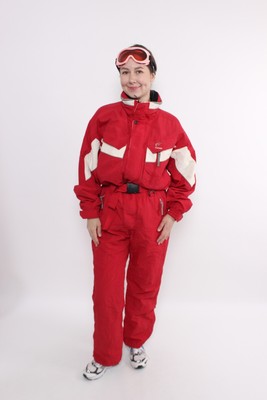 90s one piece ski suit, vintage red winter jumpsuit, retro snowsuit, Size L