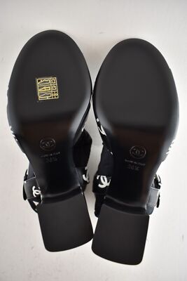 Pre-owned Chanel 22s Black White Print Lambskin Cc Logo Ankle Strap Block Heel Sandal 36.5