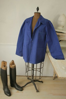 Jacket Vintage French blue button up Work wear heavy fabric 1980's lab coat