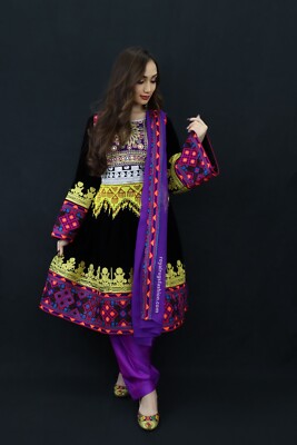 Afghan Black Velvet Gand E Afghani With Handmade Yellow Chirma #2008