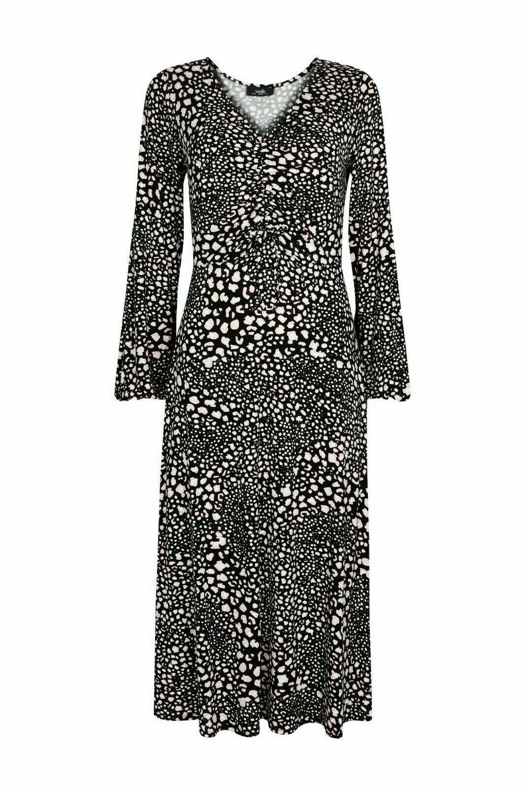 New Ex Wallis UK size 8 Black Pink White Animal Print Jersey Midi Dress  - Picture 2 of 12