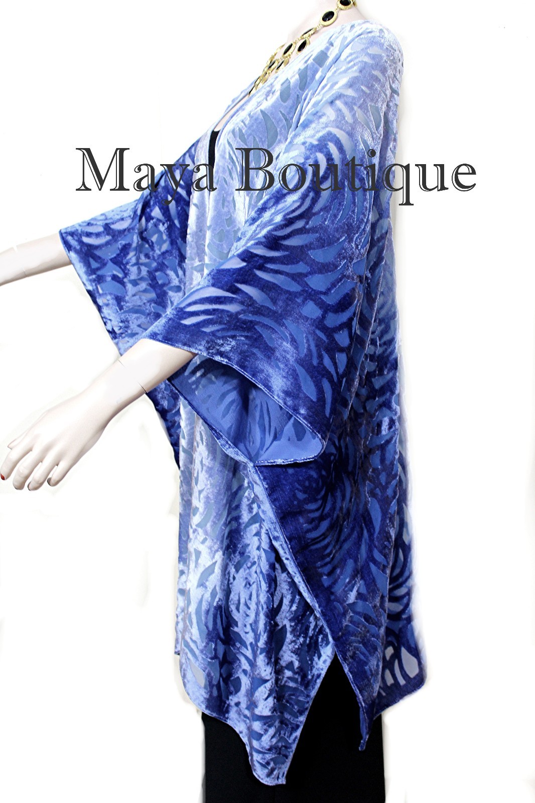 Pre-owned Maya Matazaro Niagara Blue Ombre Camellia Burnout Velvet Caftan Kimono Hand Dyed