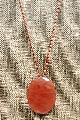 A73) Vintage Carnelian Gemstone Pendant (2'' long) 16'' Beaded Chain - signed CL