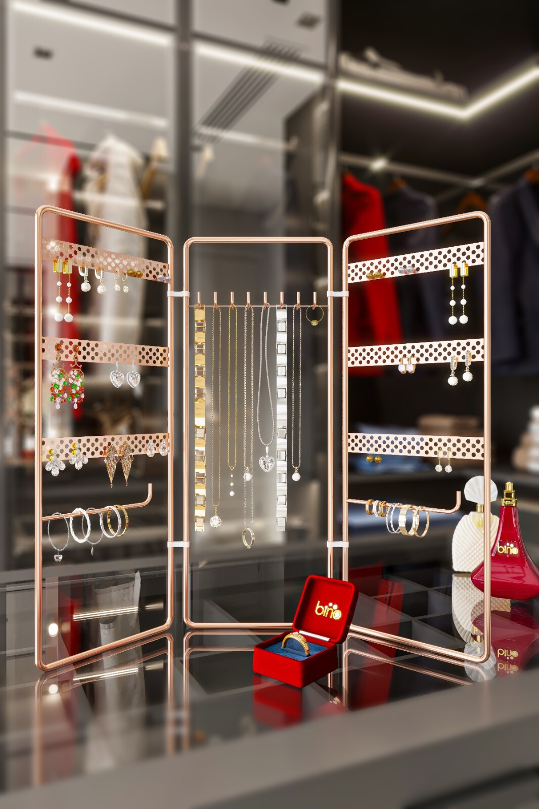 Jewelry Organizer Stand Display Foldable Holder Storage, Gold, Rings, Earrings