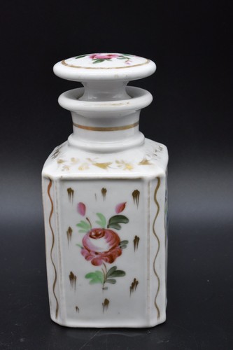 Old Paris French Porcelain Perfume Cologne Bottle White w/Pink Roses Gold
