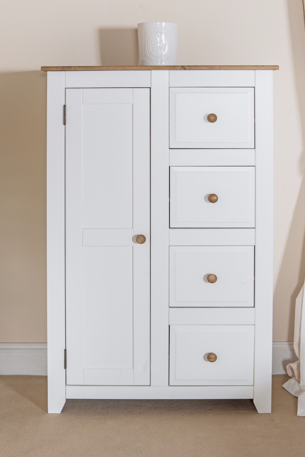 Avalon Tallboy 1 Door Wardrobe 4 Drawers Solid Wood White Painted
