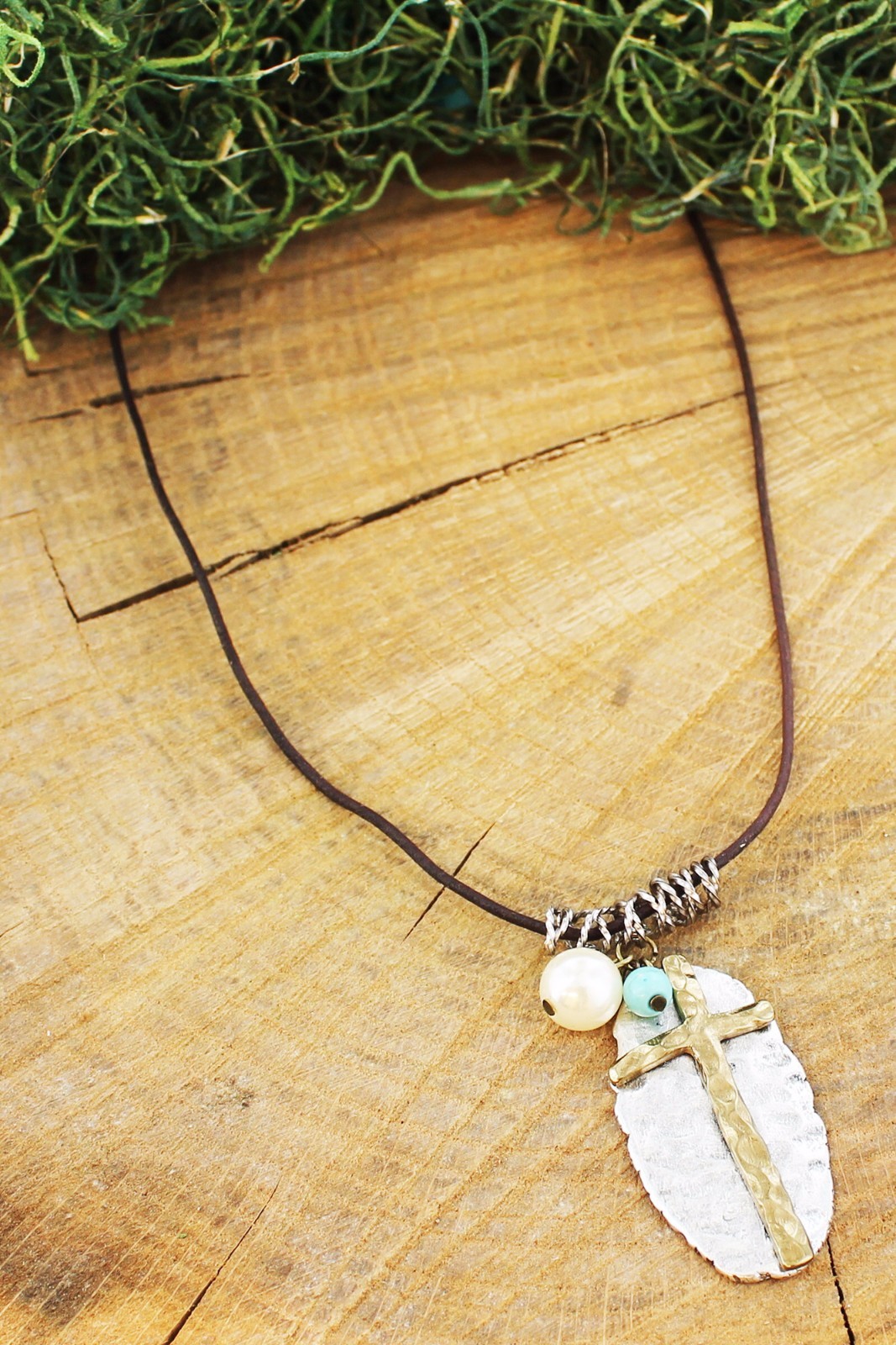 HAMMERED  OVAL PENDANT GOLD CROSS CORD NECKLACE TURQUOISE & PEARL - HANDCRAFTED