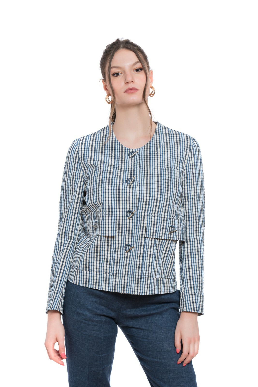 BELVEST BELVEST BAUMWOLLE KARIERT SEERSUKER DAMEN JACKE BLAZER 42 IT / 6 US / 38 FR