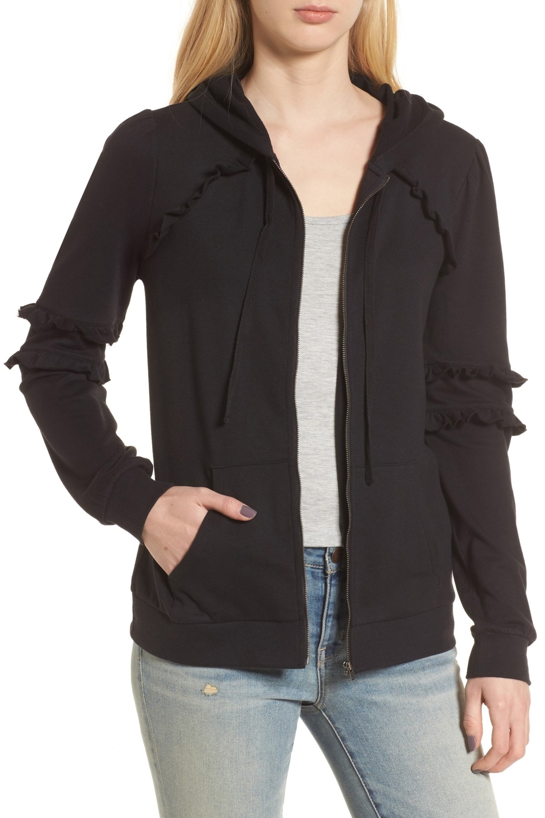 Hinge 162886 Women's Cotton Blend Long Sleeve Ruffle Zip Hoodie Black Sz. XS