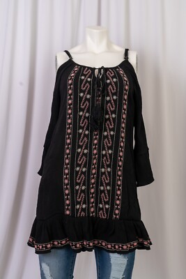 Exist Dress Black Cold Shoulder Mini Embroidered 3/4 Sleeve sz M