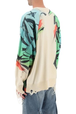 Pre-owned Children Of The Discordance Graffiti Print Distressed Sweater In Xsui Green