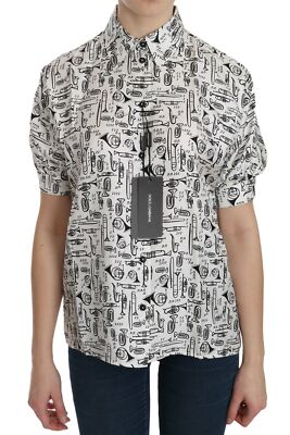 Pre-owned Dolce & Gabbana Blouse White Musical Instrument Collared Top It38/us4/xs Rrp$700