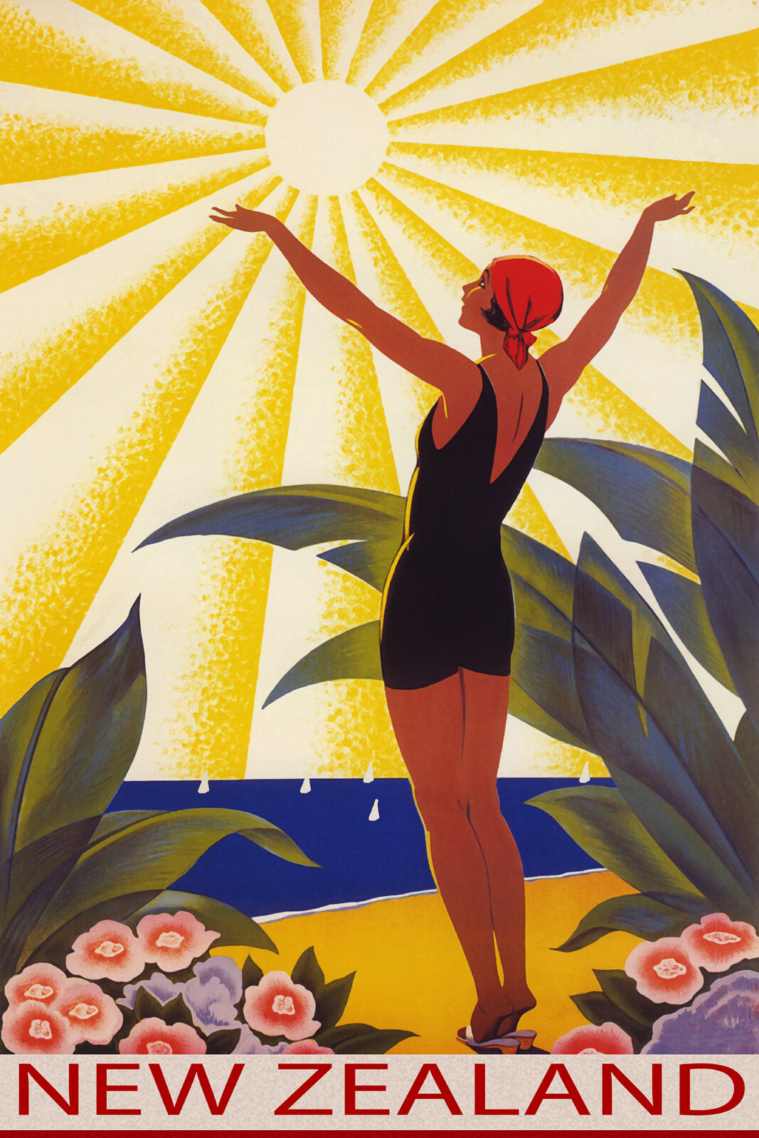 New Zealand Beach Woman Saluting the Sun Travel Vintage