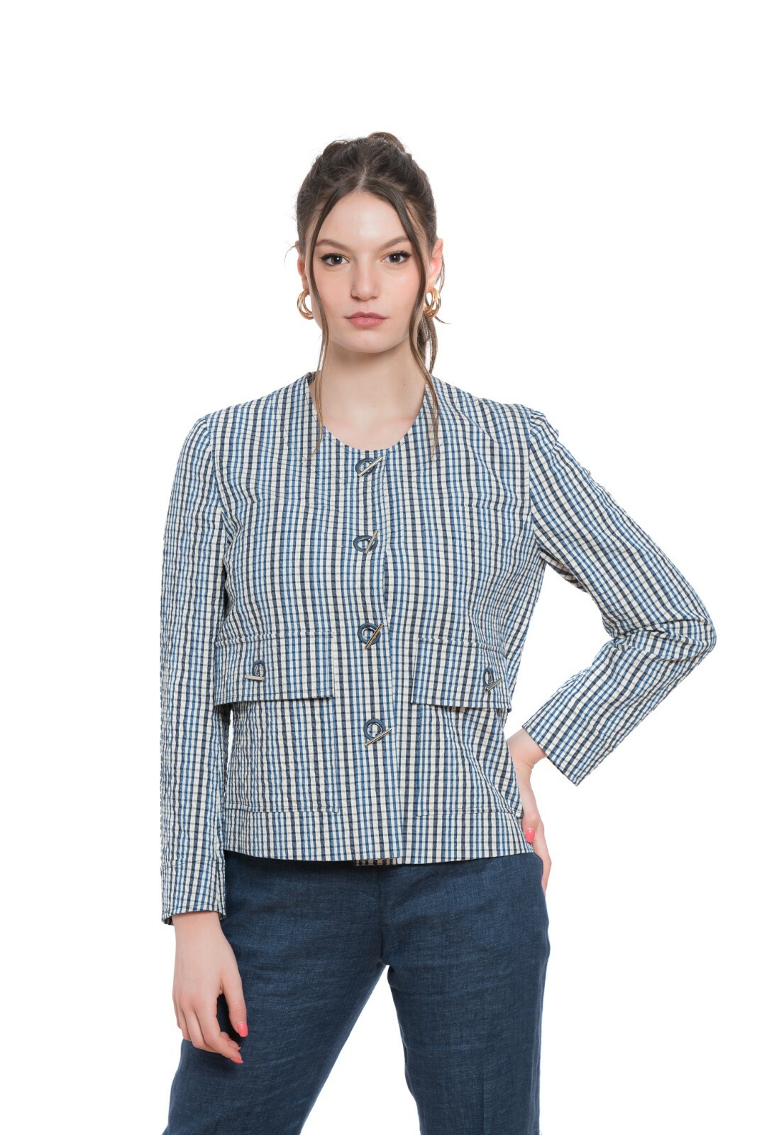 BELVEST BELVEST BAUMWOLLE KARIERT SEERSUKER DAMEN JACKE BLAZER 42 IT / 6 US / 38 FR