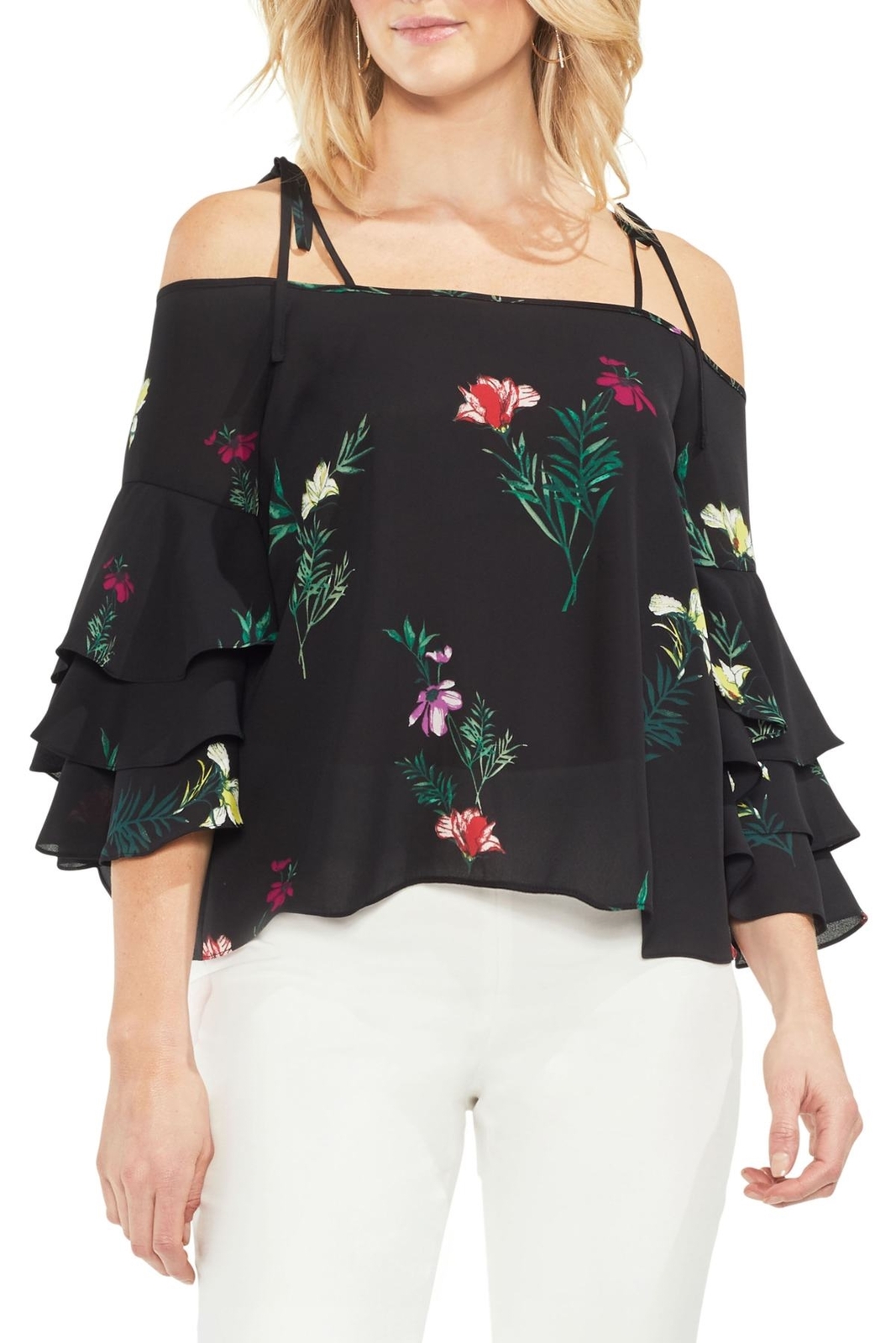 Vince Camuto 156284 Women's Tropical Garden Tie Shoulder Blouse Black Sz. Medium