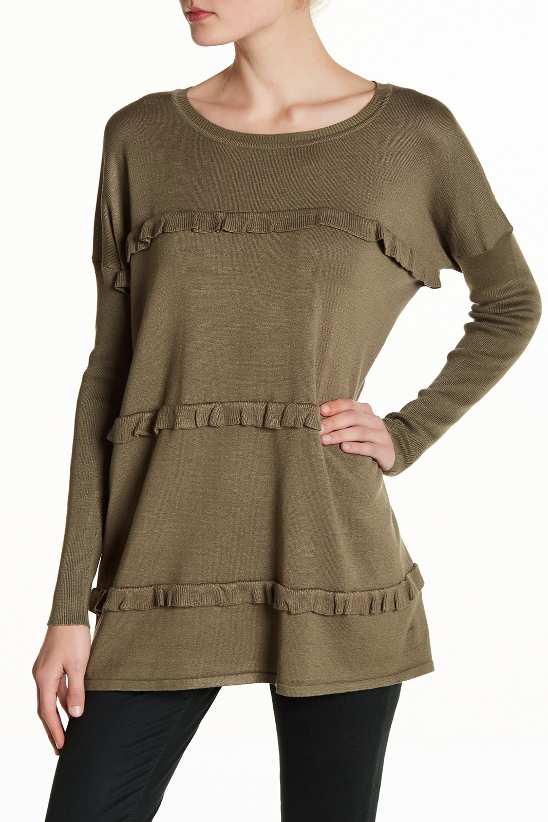 Solutions 163468 Women's Long Sleeve Triple Ruffle Sweater Tunic Olive Sz. Large