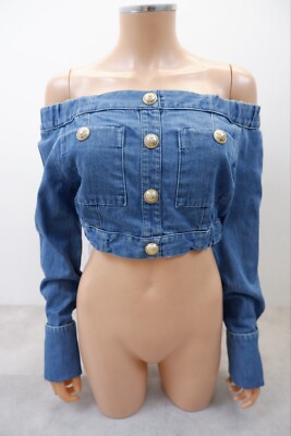 Balmain Womens Denim Crop Top Off Shoulder Size 36 Uk 8 Blue Long Sleeve