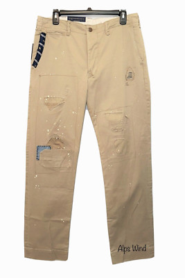 $268 Polo Ralph Lauren Distressed Patchwork Relaxed Fit Khaki Pants SZ. Various