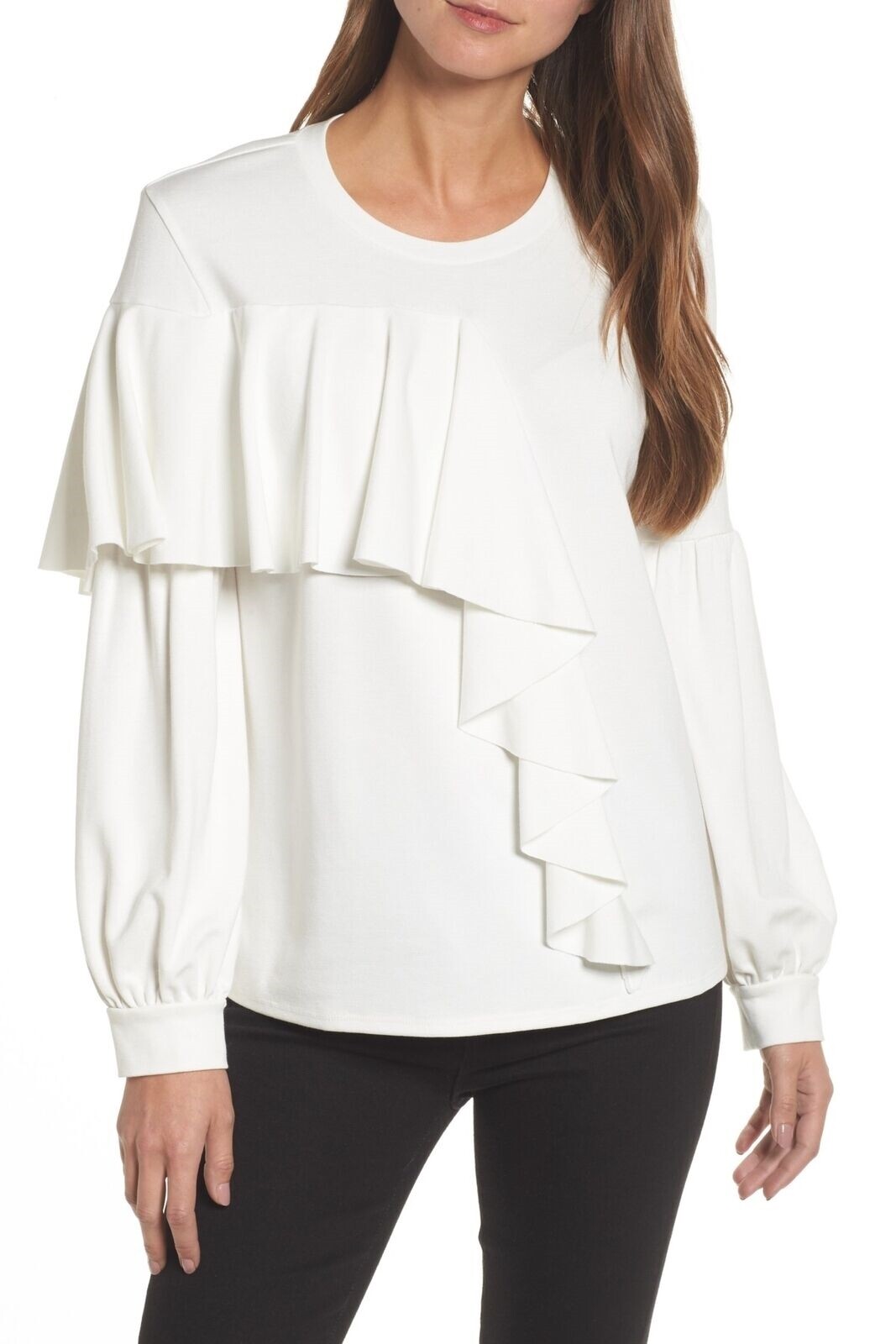 Halogen 163566 Women's Long Sleeve Asymmetrical Ruffle Blouse White Sz. Large