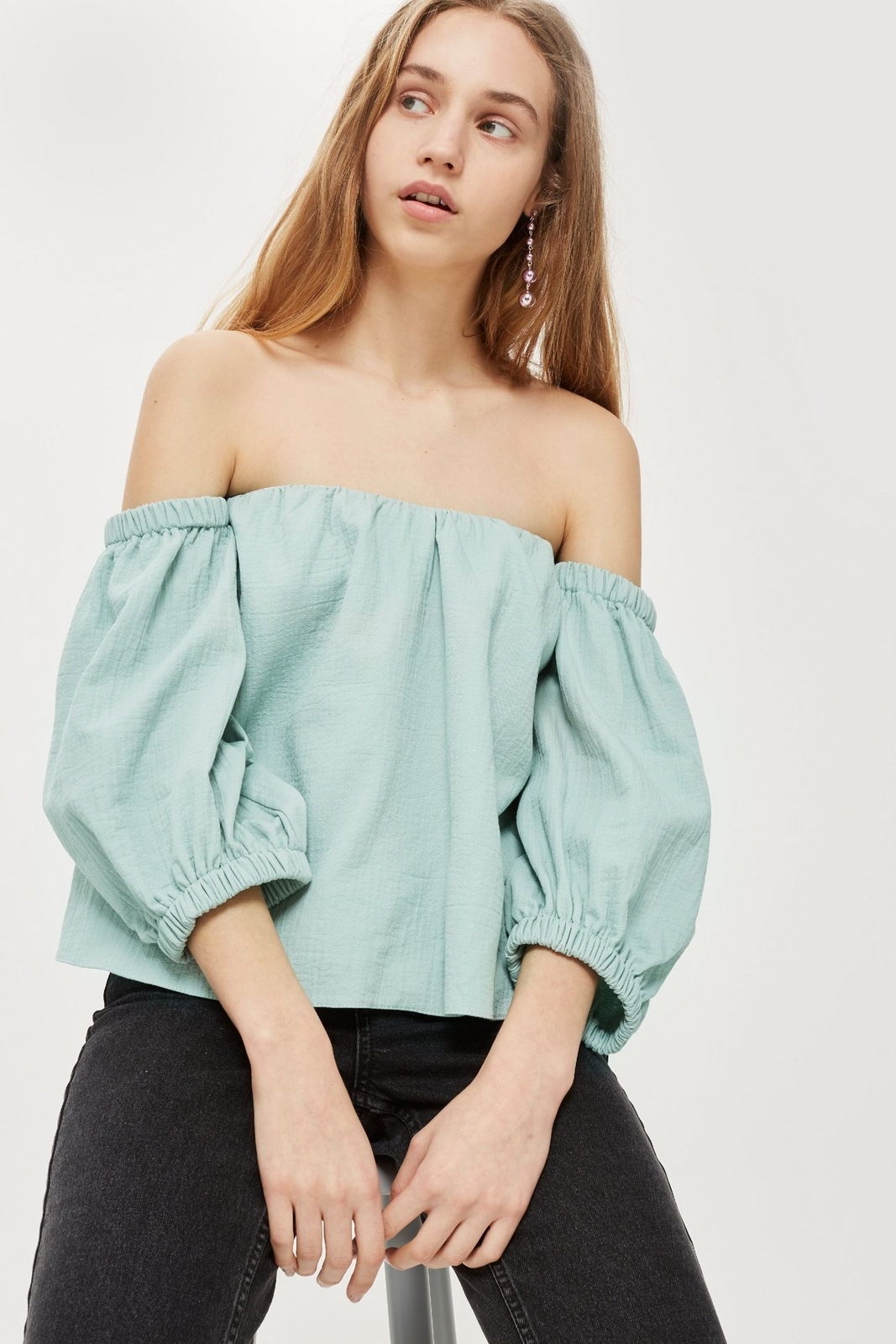 Topshop  Women's Laundered Bardot Top blouse off shoulder Light Green Sz. 4 US