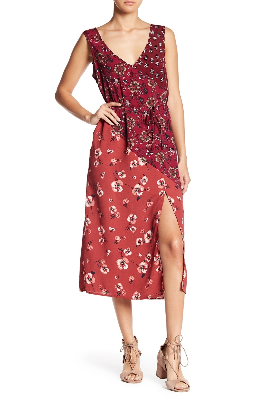 Band of Gypsies 161400 Women's Sleeveless Mix Print Midi Dress Red Sz. XS