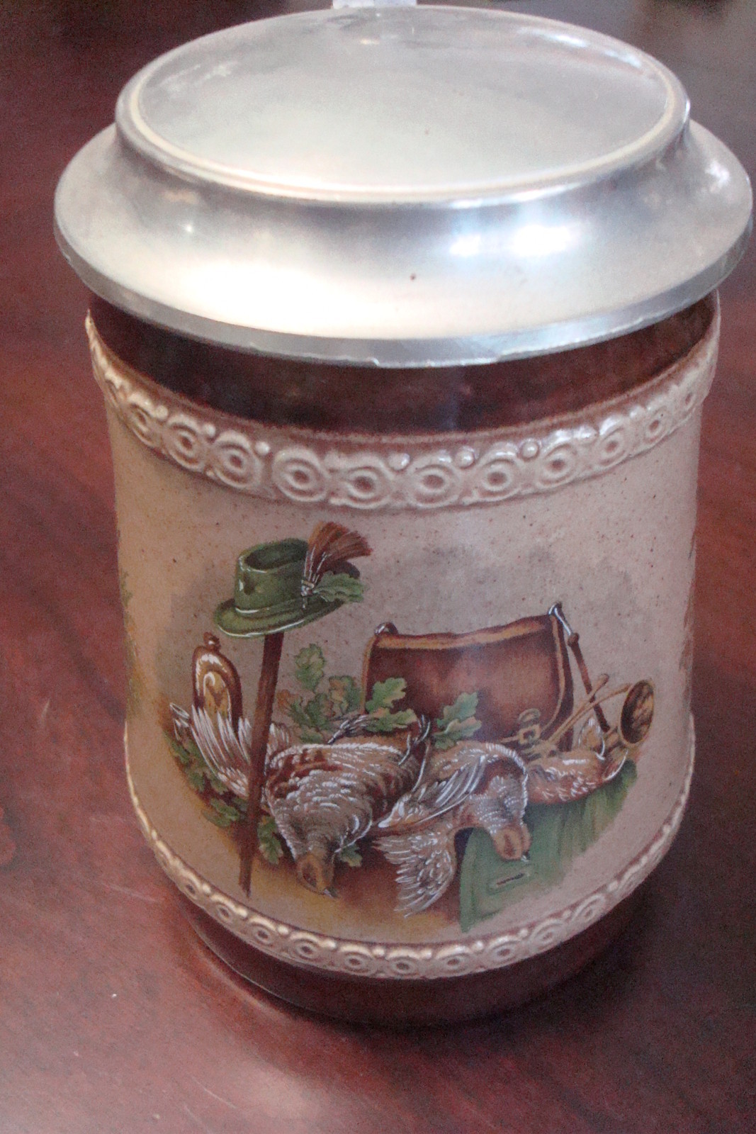 Vintage Hunting German Stein Pewter Lid with Ball Thumb Piece Colorful Design | eBay