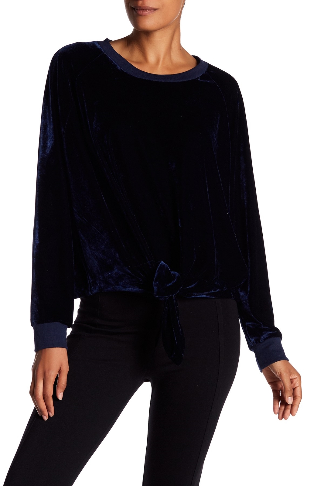 RDI 164924 Women's Long Sleeve Velour Tie Front Sweater Navy Sz. Medium
