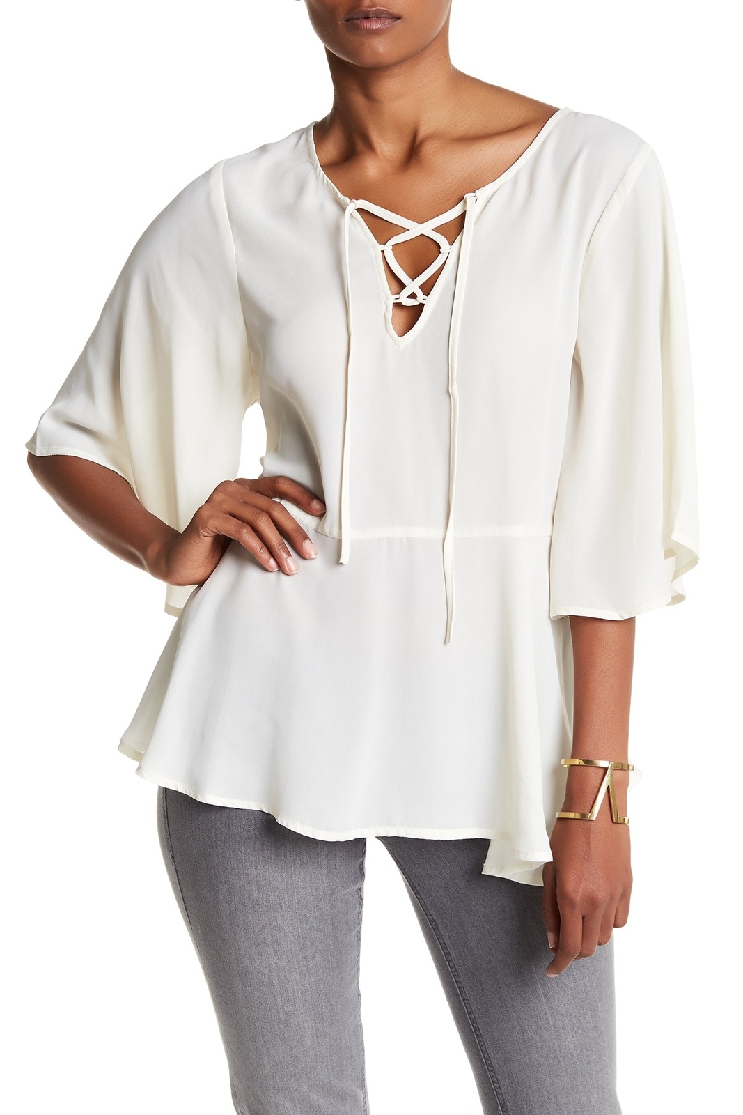 CUPCAKES AND CASHMERE 135731 Womens Ivory 3/4 Sleeve Lace Up Blouse Sz Medium