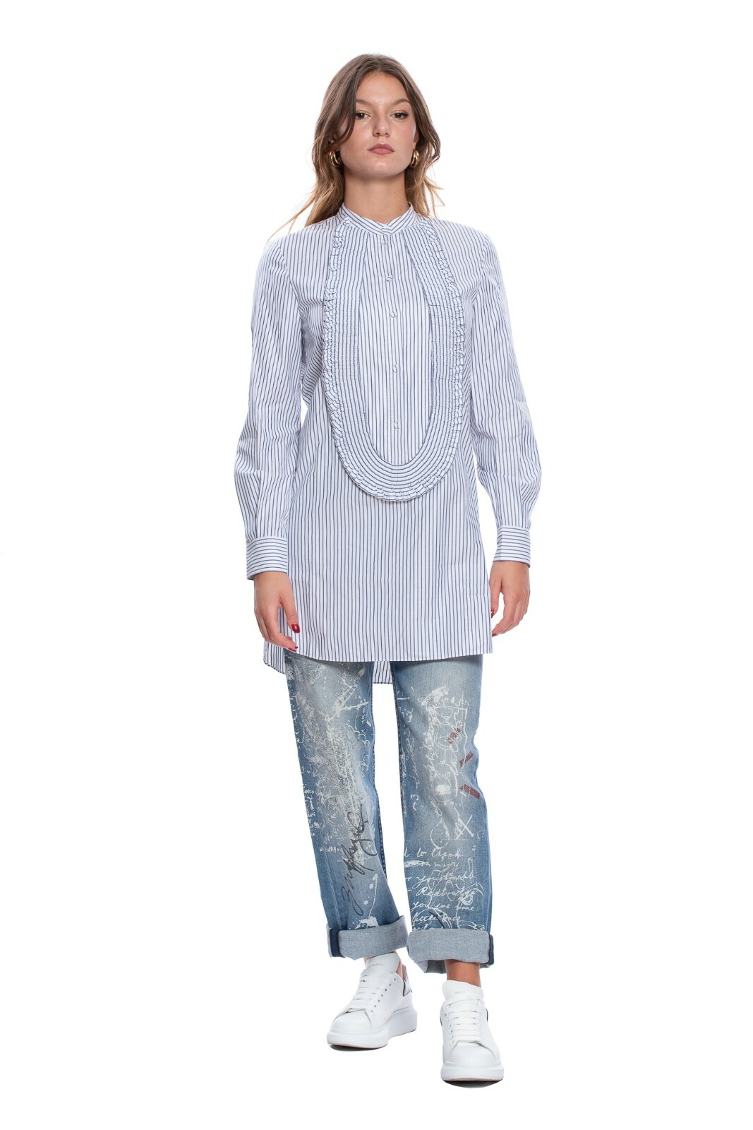 Pre-owned Burberry $590  Laysan Cotton Ruffle Trim Tunic Women Shirt 4 Us / 38 It / 6 Uk In White - Blue