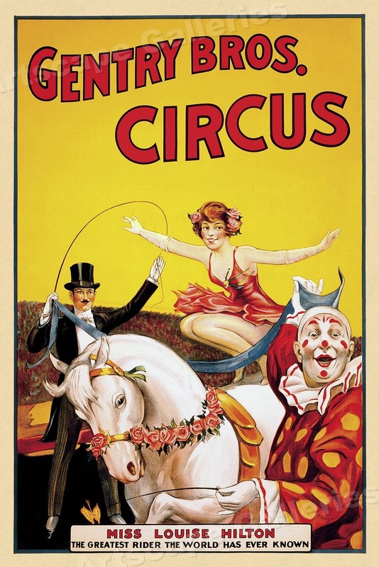 1930s Gentry Bros Horse Trick Riding Circus Poster - Miss Louise Hilton - 16x24