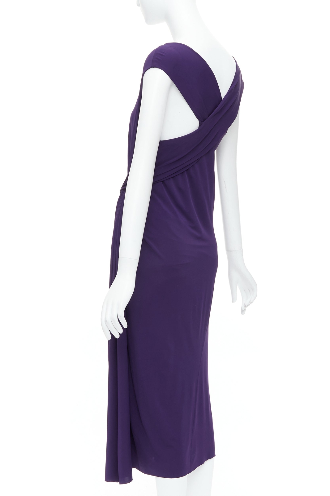 DONNA KARAN purple draped side knot criss cross back grecian