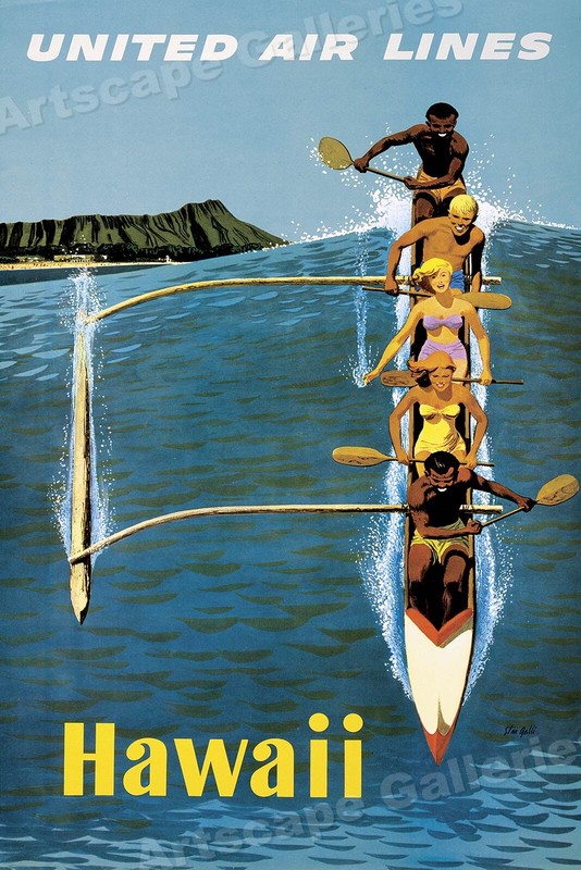 HAWAII UNITED AIR LINES ポスター 60s 1960 United Air Lines Hawaii Stan Galli Canoe Airlines