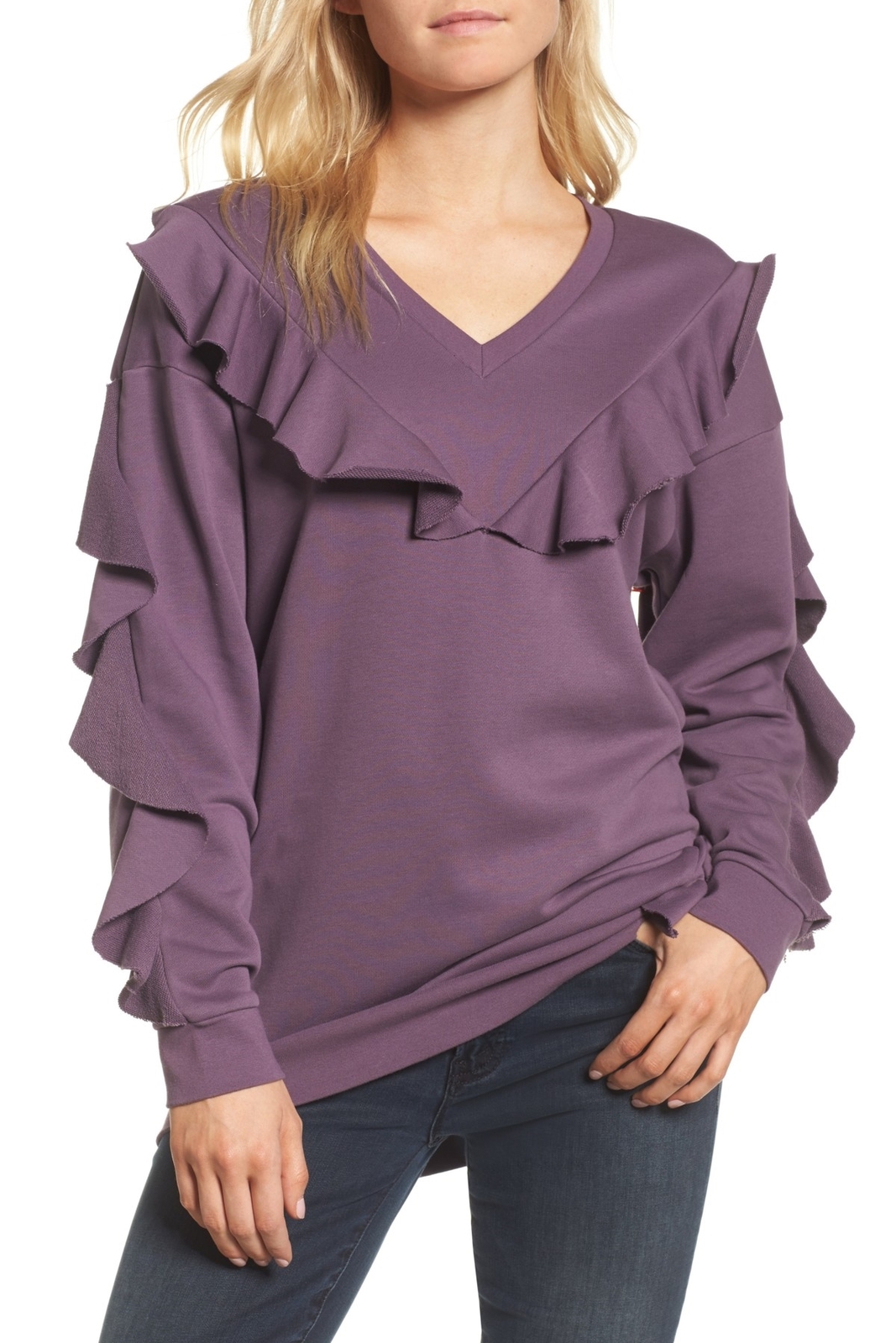 Chelsea28 Women's 158144 Long Sleeve Ruffle Sweatshirt Purple Vintage Sz. XS
